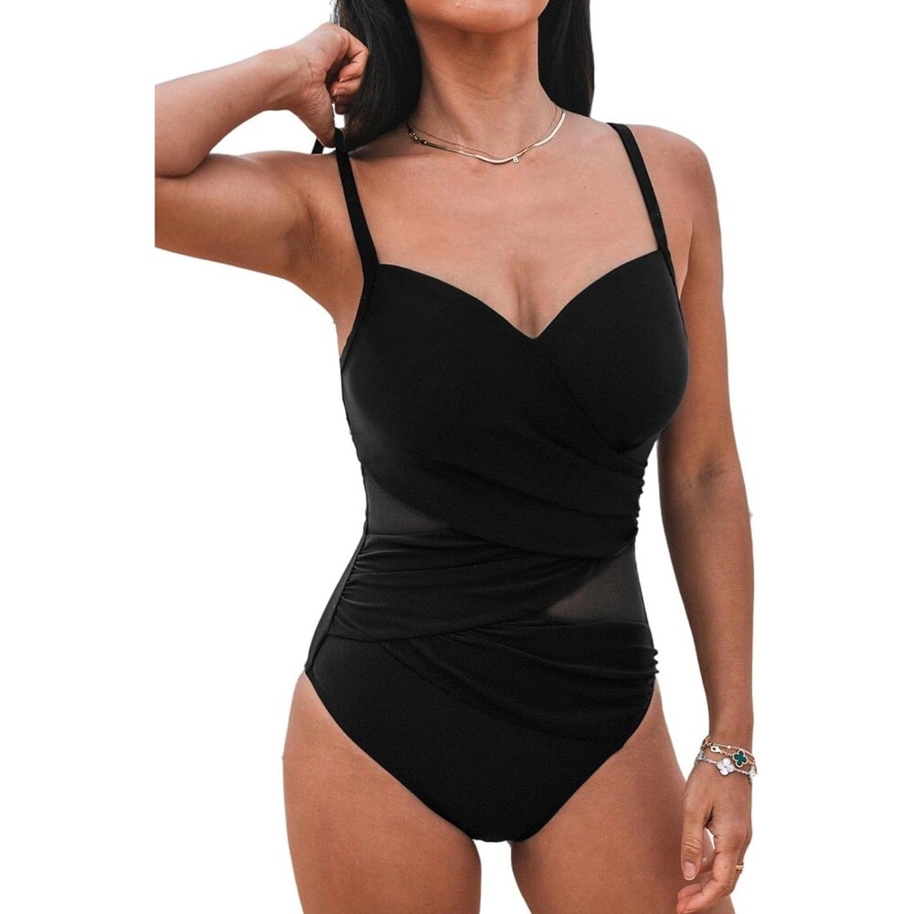 Cupshe Black One-Piece Mesh Swimsuit 1X Sweetheart Underwire Ruched NWT